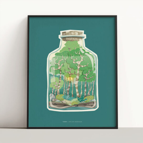 tondy illustration lille affiche bouteille foret turquoise